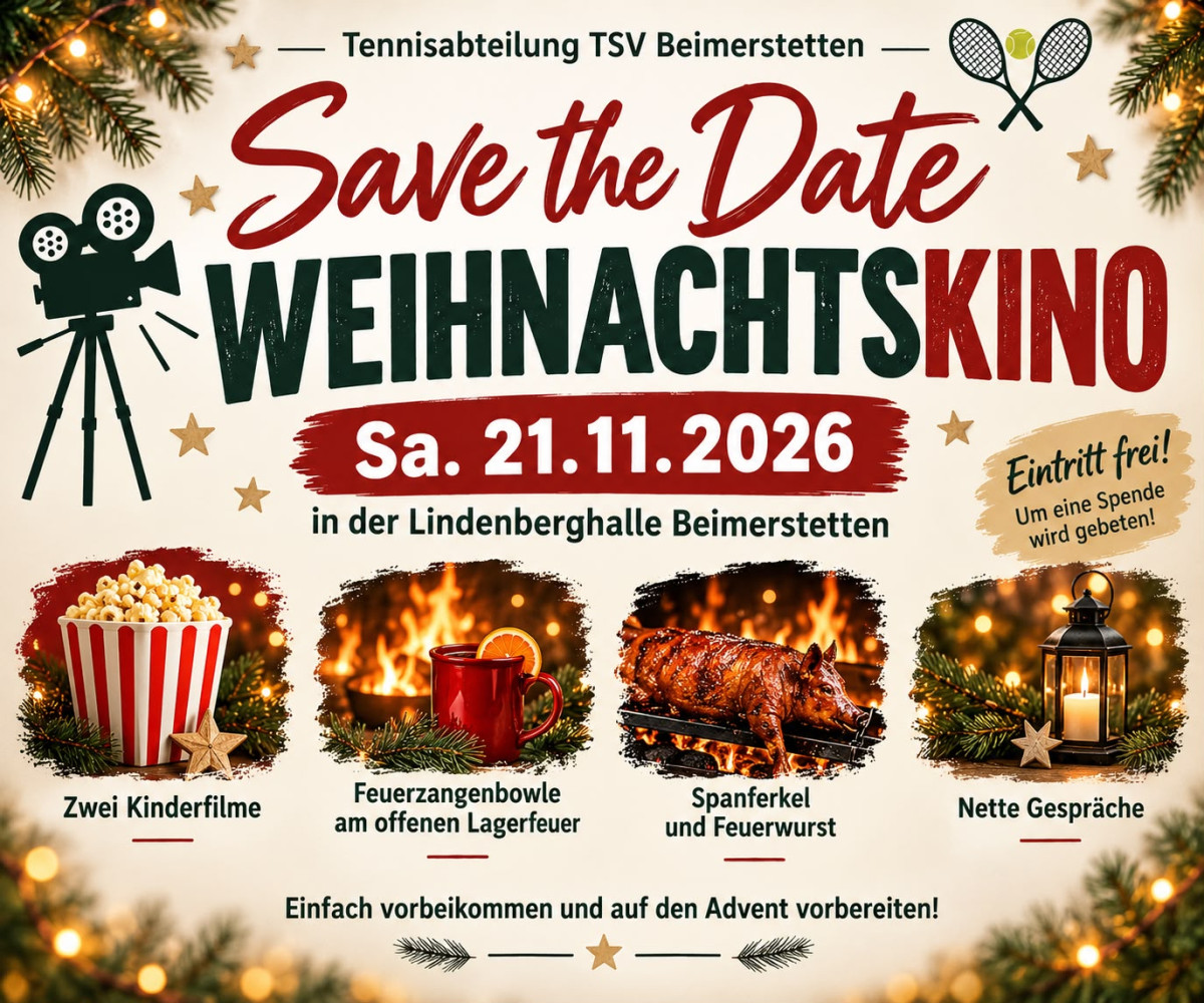 Plakat Weihnachtskino der Tennisabteilung am Samstag, 21.11.2026, in der Lindenberghalle Beimerstetten